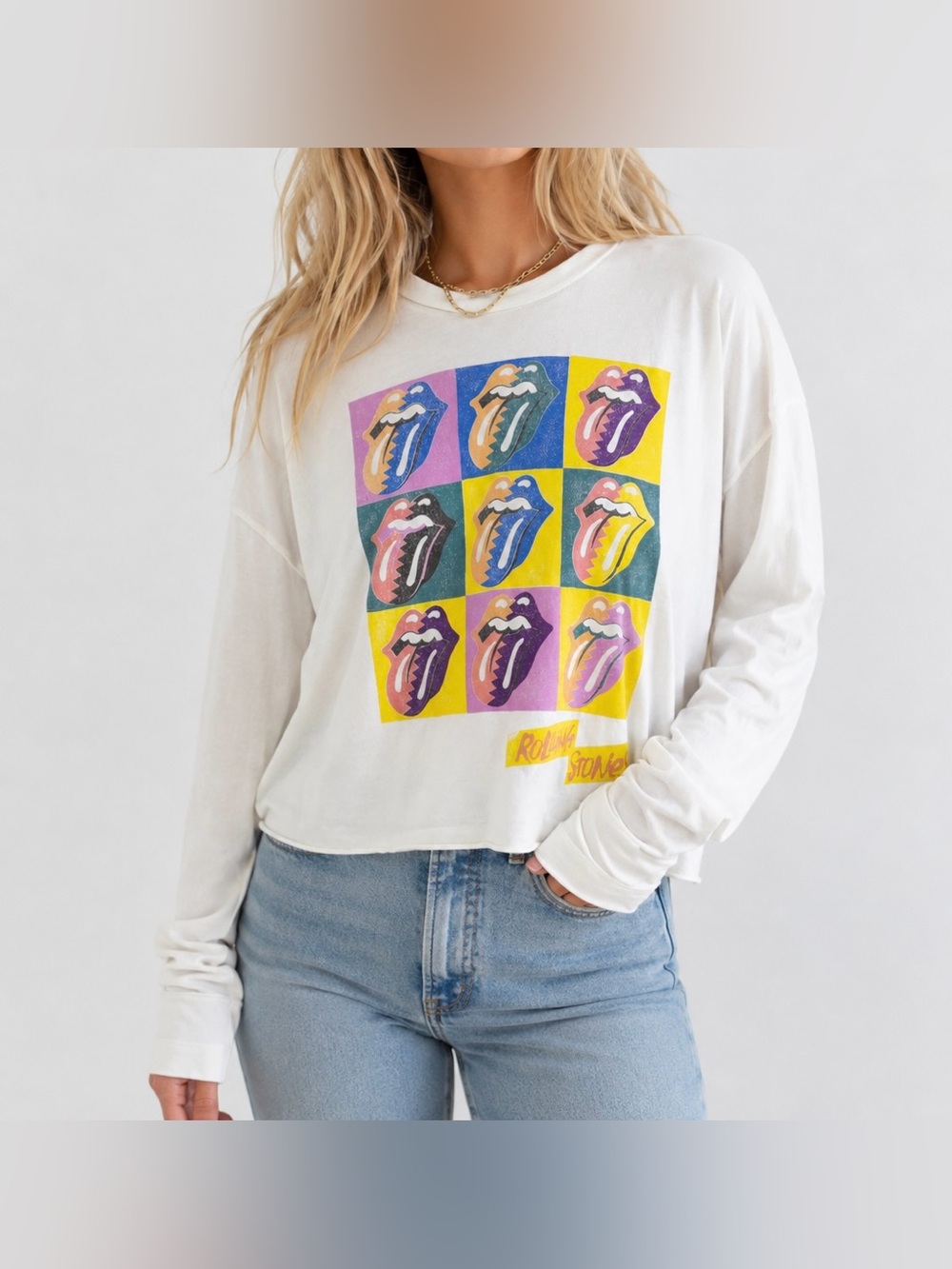 Daydreamer x Rolling Stones Tongue Graphic Cropped Long Sleeve Tee - Size M